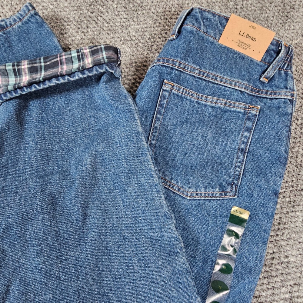 LL Bean‎ Flannel Lined Jeans Womens 14 Regular Original Relaxed Fit Blue Plaid